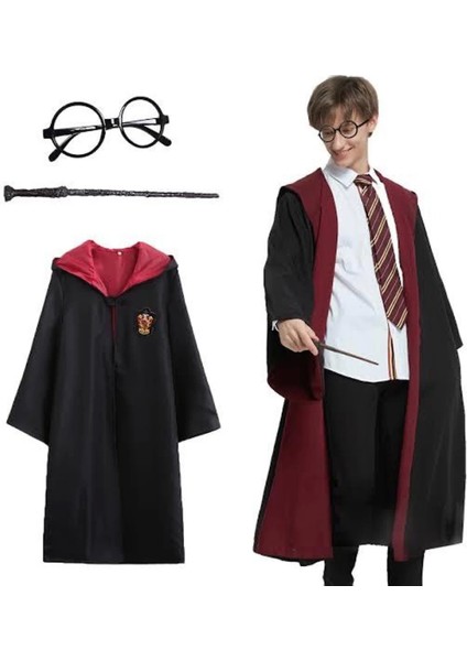 Harry Potter Gryffindor Kapişonlu Çocuk Kostüm + Asa + Gözlük Seti 11-12 Yaş