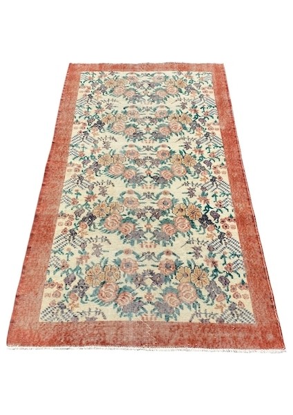 El Dokuma Eskitme Vintage Halı 118 x 208 Çiçekli Turuncu Retro Halı