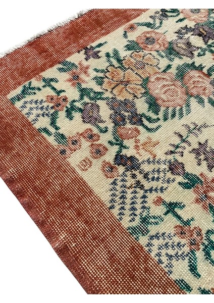 El Dokuma Eskitme Vintage Halı 118 x 208 Çiçekli Turuncu Retro Halı modelleri