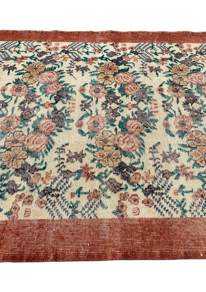 El Dokuma Eskitme Vintage Halı 118 x 208 Çiçekli Turuncu Retro Halı fırsatları