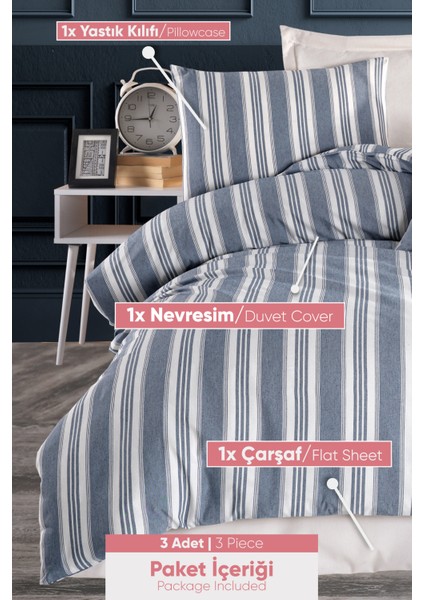 Sport Çizgili Nevresim Takımı Tek Kişilik Soft Line Lacivert