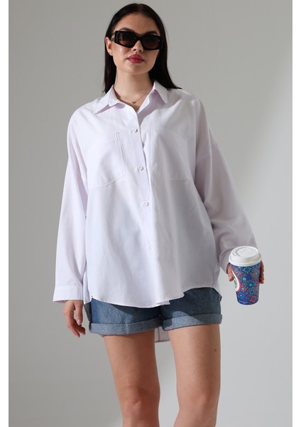 Büyük Beden Gömlek Yeni Sezon Poplin Kumaş Çift Cepli Uzun Oversize Kadın Gömlek