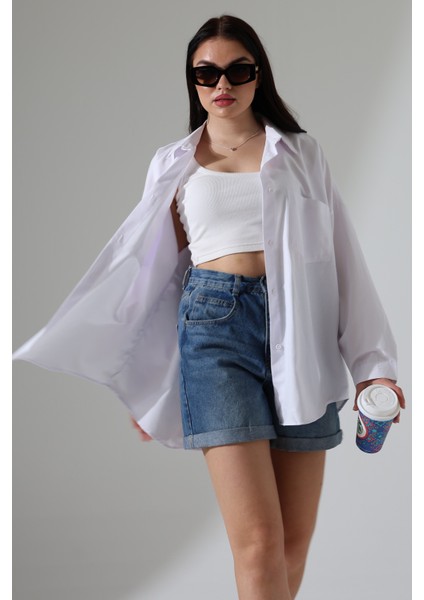 Büyük Beden Gömlek Yeni Sezon Poplin Kumaş Çift Cepli Uzun Oversize Kadın Gömlek