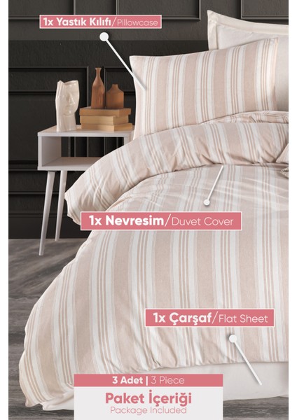 Sport Çizgili Nevresim Takımı Tek Kişilik Soft Line Bej