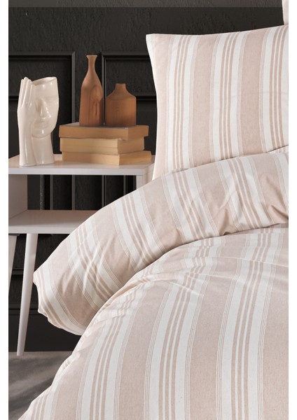 Sport Çizgili Nevresim Takımı Tek Kişilik Soft Line Bej