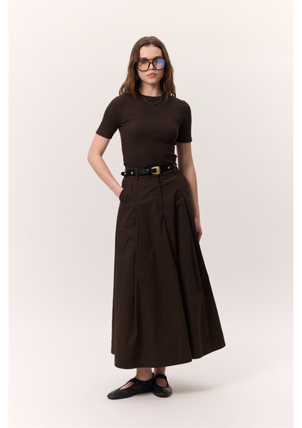 Cep Detaylı Geniş Etek Kahverengi indirimleri