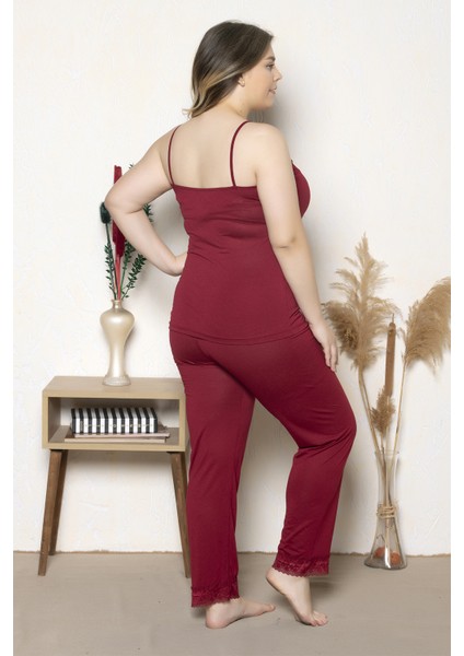Kadın Bordo Renkli Ip Askılı Dantelli Büyük Beden Pijama Takımı 80000