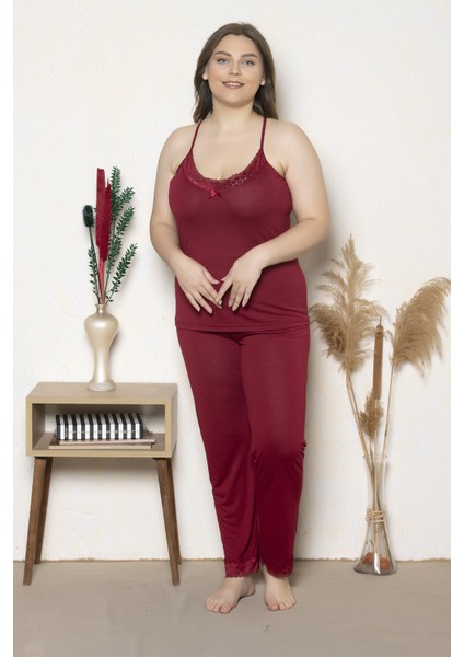 Kadın Bordo Renkli Ip Askılı Dantelli Büyük Beden Pijama Takımı 80000 fiyatları