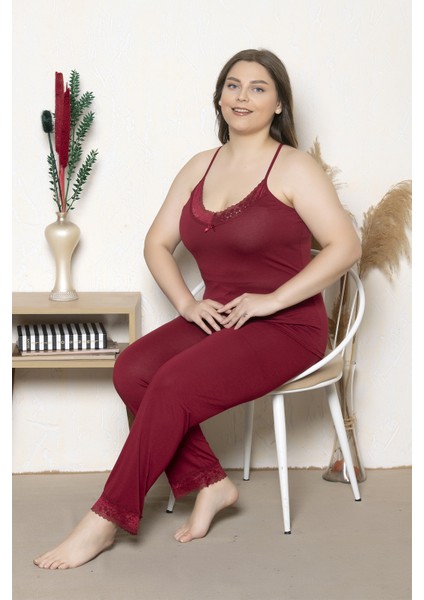 Kadın Bordo Renkli Ip Askılı Dantelli Büyük Beden Pijama Takımı 80000 modelleri