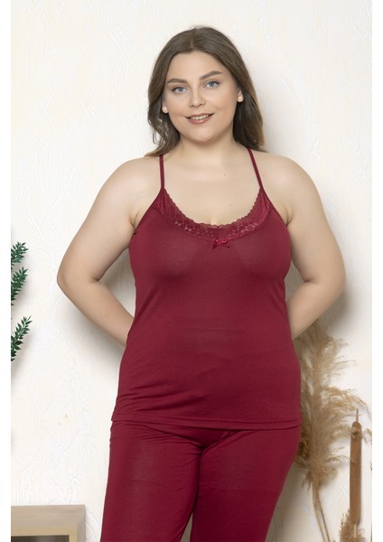 Kadın Bordo Renkli Ip Askılı Dantelli Büyük Beden Pijama Takımı 80000 fırsatları