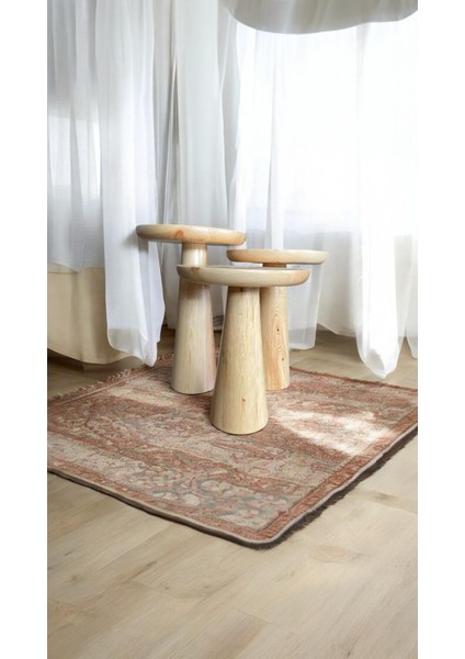 Wood Ahşap 3’lü Set Fitilli Mantar Yan Sehpa Konik Model / Naturel Renk / Zigon Sehpa Vernikli