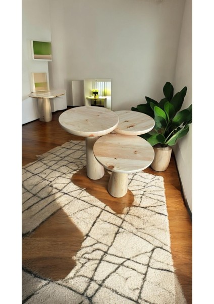 Wood Ahşap 3’lü Set Fitilli Mantar Yan Sehpa Konik Model / Naturel Renk / Zigon Sehpa Vernikli modelleri