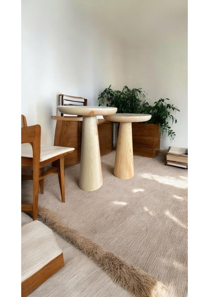 Wood Ahşap 2'li Set Konik Mantar Yan Sehpa Modern Fiskos /naturel Renk / Zigon Sehpa Vernikli
