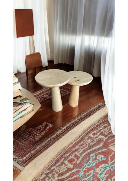Wood Ahşap 2'li Set Konik Mantar Yan Sehpa Modern Fiskos /naturel Renk / Zigon Sehpa Vernikli fiyatları