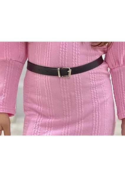 Kız Çocuk Uzun Kollu Triko Elbise Takımı - Kemerli ve Diz Üstü Çoraplı Pembe Kombin