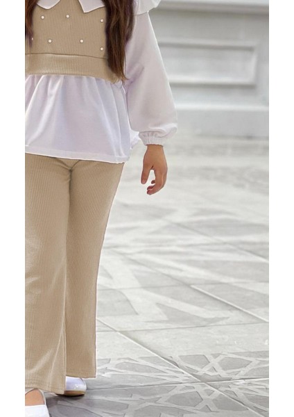 Kız Çocuk Inci Detaylı Bebe Yaka Gömlekli Ispanyol Paça Takım modelleri