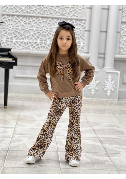 Kız Çocuk Leopar Desenli Fiyonk Detaylı Yumuşak Dokulu Günlük Stil Alt Üst Takım