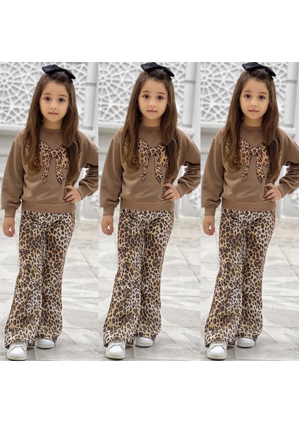 Kız Çocuk Leopar Desenli Fiyonk Detaylı Yumuşak Dokulu Günlük Stil Alt Üst Takım