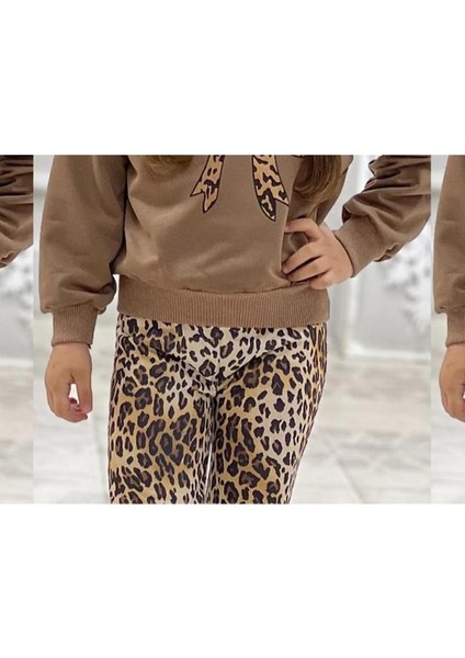 Kız Çocuk Leopar Desenli Fiyonk Detaylı Yumuşak Dokulu Günlük Stil Alt Üst Takım