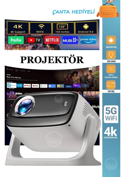 Projeksiyon 4K Ultra Hd Ev Ofis Fuar Toplantı Sunumları Sinema Oyun Android Wifi Bluetooth Projektör
