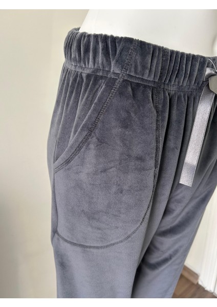 Gri Renk Kadife, Yüksek Bel, Lastikli Paça, Cepli, Tek Alt, Eşofman Altı modelleri