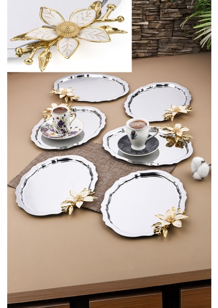 6 Adet Oval Papatya Çiçekli Kahve-Çay Servis ve Sunum Tepsisi 25 cm x 20 cm