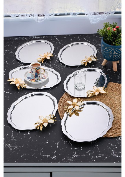 6 Adet Oval Papatya Çiçekli Kahve-Çay Servis ve Sunum Tepsisi 25 cm x 20 cm