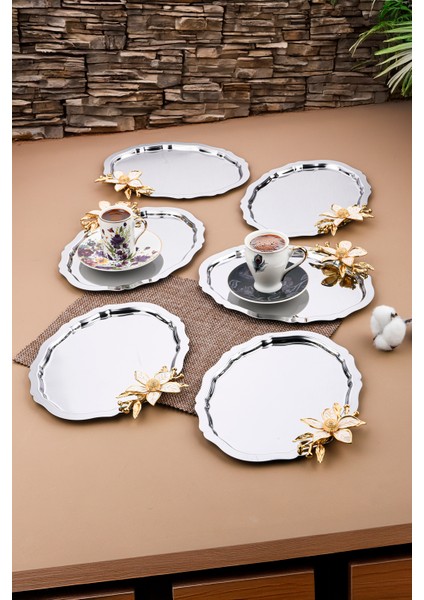6 Adet Oval Papatya Çiçekli Kahve-Çay Servis ve Sunum Tepsisi 25 cm x 20 cm