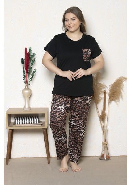 Büyük Beden Leopar Desenli Kısa Kollu Battal Pijama Takımı B-28 fırsatları