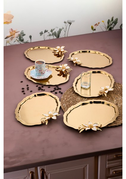 6 Adet Oval Papatya Çiçekli Kahve-Çay Servis ve Sunum Tepsisi 25 cm x 20 cm