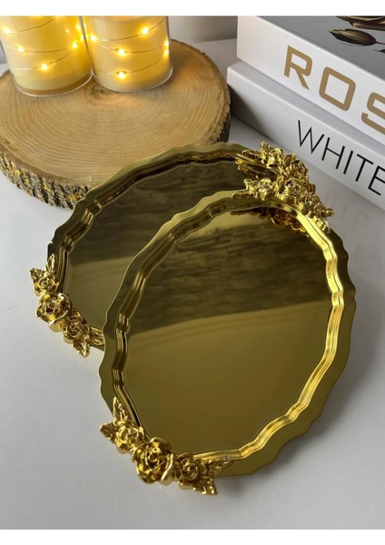 20*25 cm Parlak Gold Oval Kulplu 6 Adet Servis ve Sunum Tepsisi