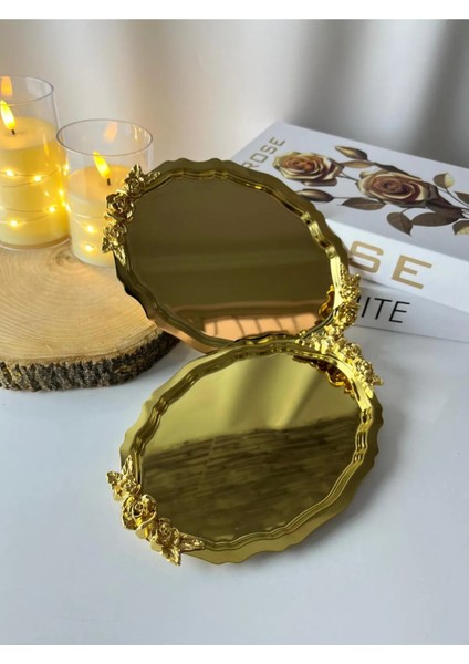 20*25 cm Parlak Gold Oval Kulplu 6 Adet Servis ve Sunum Tepsisi