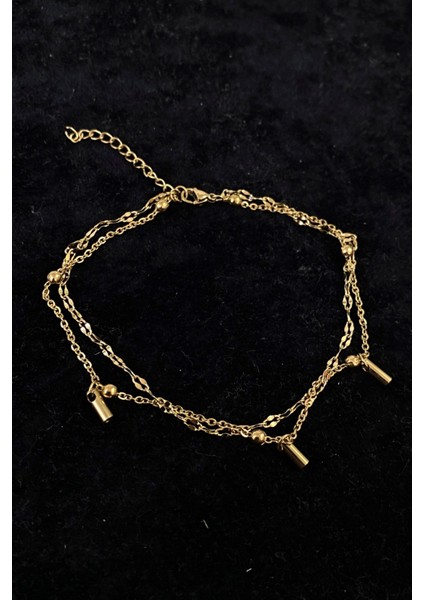 Altın Renk Çubuk Boru Model Singapur ve Top Zincir Çelik Halhal - 3233