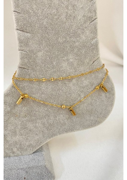 Altın Renk Çubuk Boru Model Singapur ve Top Zincir Çelik Halhal - 3233 modelleri