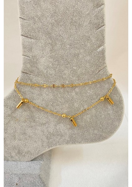 Altın Renk Çubuk Boru Model Singapur ve Top Zincir Çelik Halhal - 3233 fırsatları