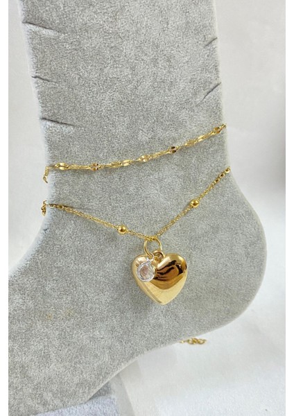 Altın Renk Kalp Zirkon Model Singapur ve Top Zincir Çelik Halhal - 3249