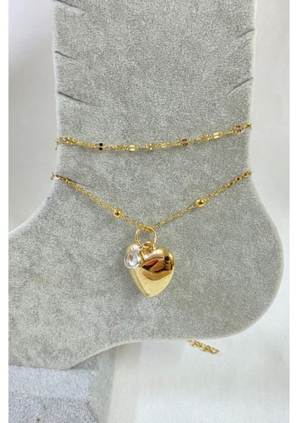 Altın Renk Kalp Zirkon Model Singapur ve Top Zincir Çelik Halhal - 3249 fiyatları