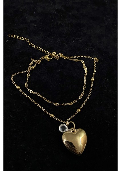 Altın Renk Kalp Zirkon Model Singapur ve Top Zincir Çelik Halhal - 3249 modelleri