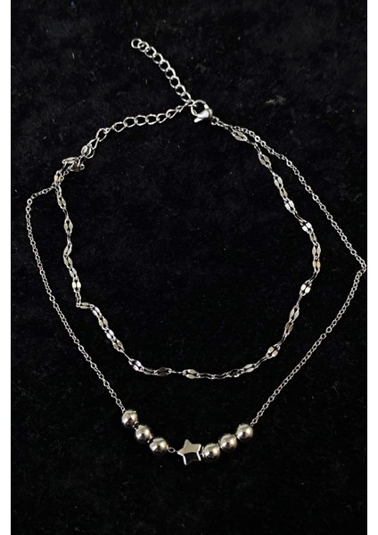 Gümüş Renk Küre Yıldız Model Singapur ve Sf Zincir Çelik Halhal - 3258 fırsatları