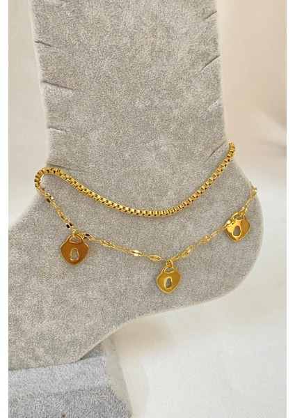 Altın Renk Anahtar Deliği Kalp Model Asansör ve Singapur Zincir Çelik Halhal - 3235