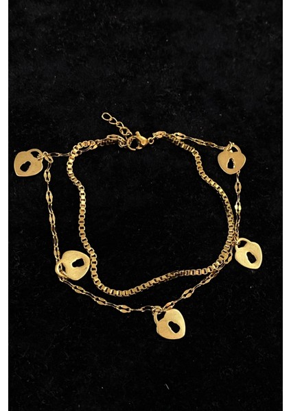 Altın Renk Anahtar Deliği Kalp Model Asansör ve Singapur Zincir Çelik Halhal - 3235 fiyatları