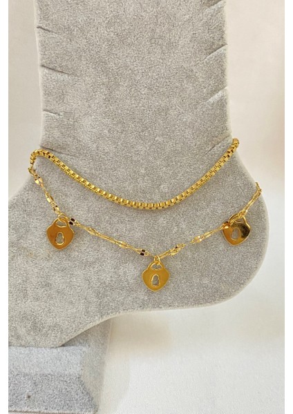 Altın Renk Anahtar Deliği Kalp Model Asansör ve Singapur Zincir Çelik Halhal - 3235 fırsatları