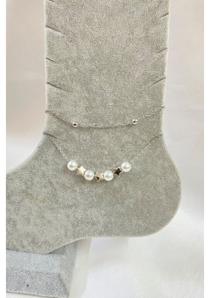 Gümüş Renk Inci Yıldız Model Top ve Sf Zincir Çelik Halhal - 3276