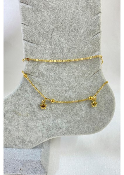 Altın Renk Yıldız Model Singapur ve Top Zincir Çelik Halhal - 3250