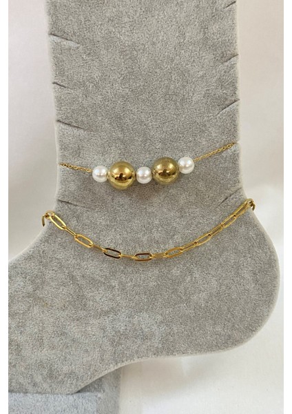 Altın Renk Inci Küre Model Sf ve Ezme Zincir Çelik Halhal - 3229 fırsatları