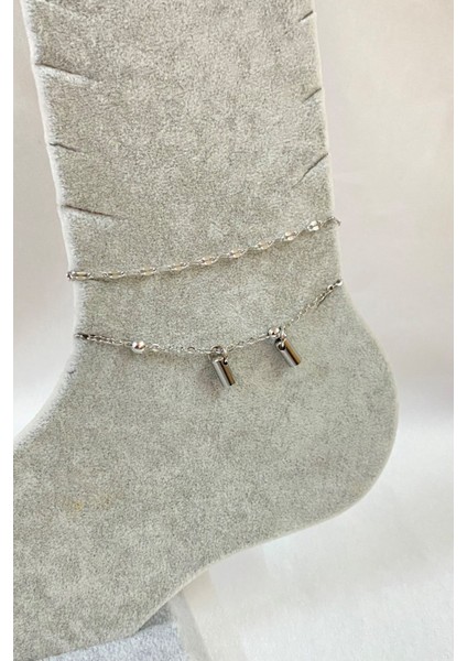 Gümüş Renk Boru Model Singapur ve Top Zincir Çelik Halhal - 3265