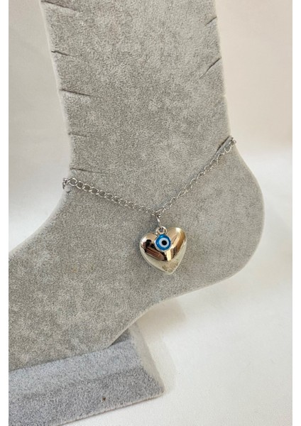 Gümüş Renk Kalp Nazar Uzatma Zincir Çelik Halhal - 3225