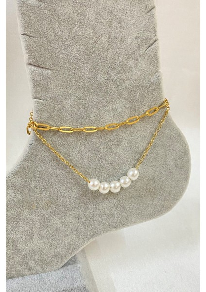 Altın Renk Beş Incili Model Ezme ve Sf Zincir Çelik Halhal - 3242