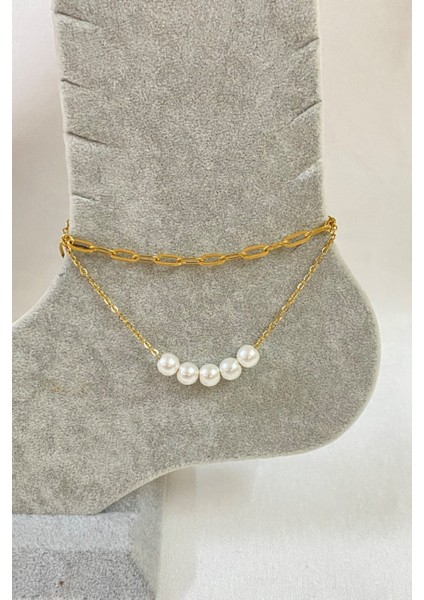 Altın Renk Beş Incili Model Ezme ve Sf Zincir Çelik Halhal - 3242 fiyatları