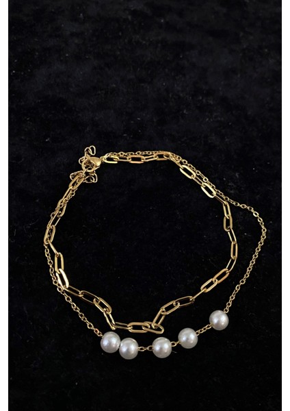 Altın Renk Beş Incili Model Ezme ve Sf Zincir Çelik Halhal - 3242 modelleri